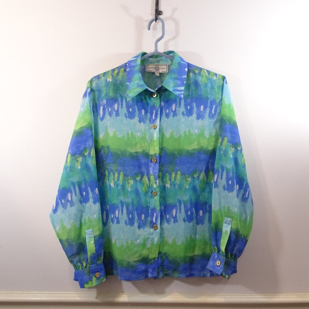 St. John Top Size S Blue Green Button Down Shirt Collar Blouse Sheer Long Sleeve